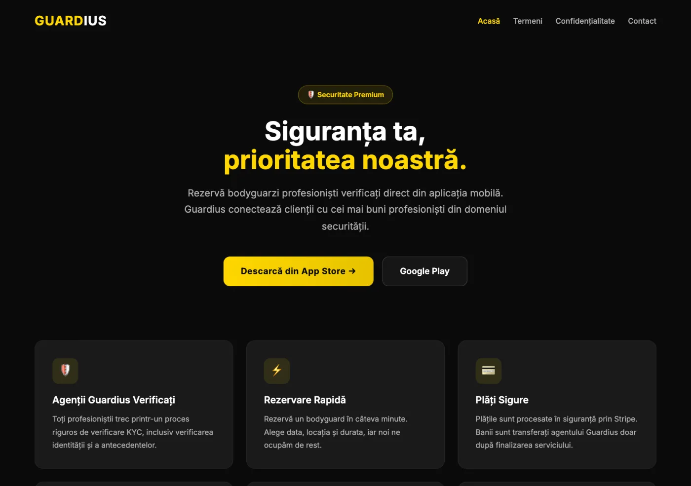 Pagina oficială de prezentare Guardius, aplicație pentru servicii de protecție